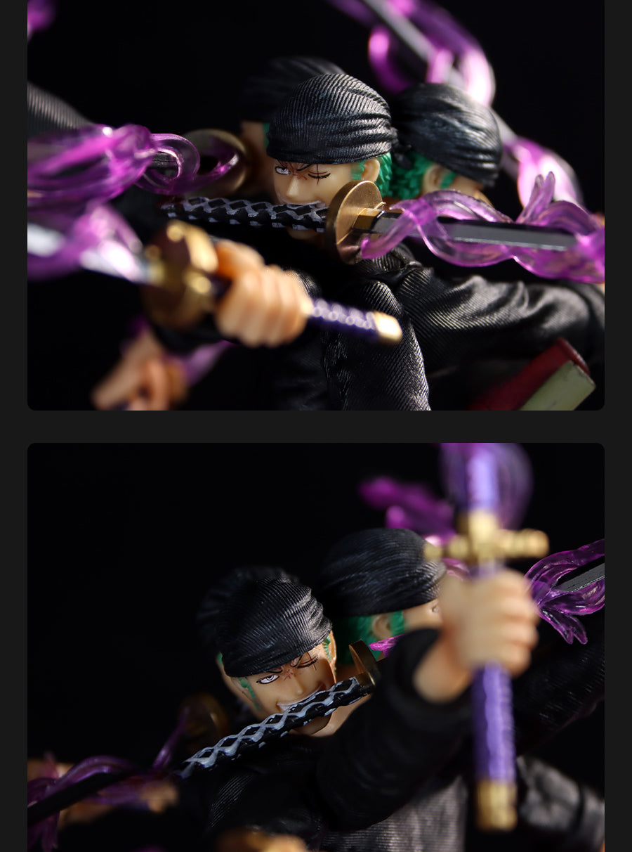 Zoro Santoryu動作小雕像 - 40厘米,帶有三把劍和動態火焰效果,限量版 - 一件可收集的