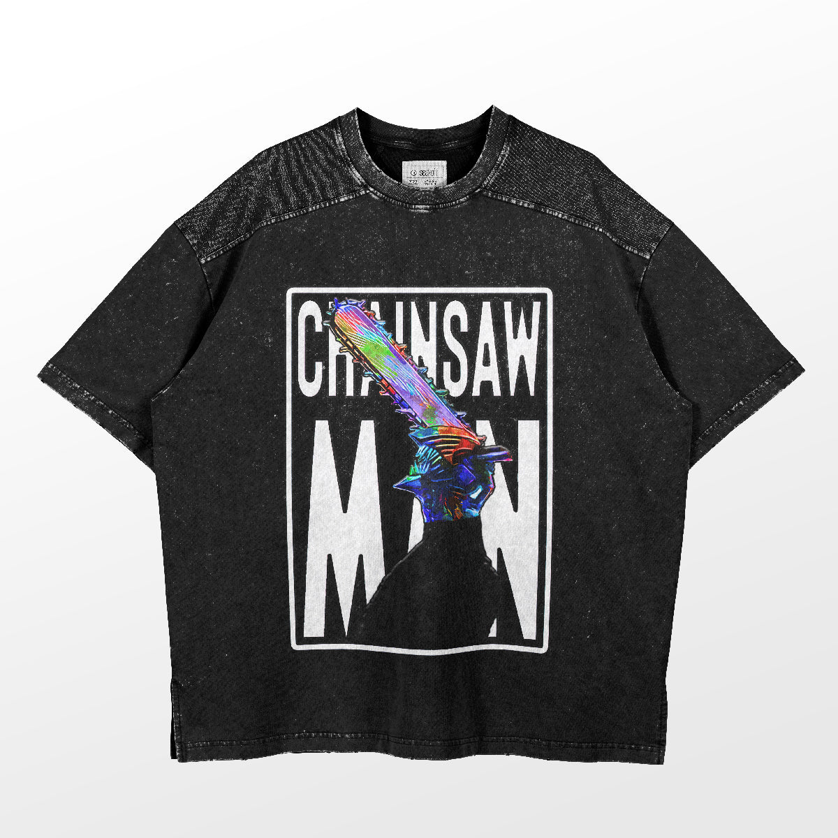 The Chainsaw Man Holographic Blade T-Shirt is a black anime tee with a colorful chainsaw graphic and bold white "CHiANSAW MAN" text. It boasts a speckled texture, relaxed fit, and features a unique holographic blade design. Made of 100% cotton anime apparel by Chainsaw Man.