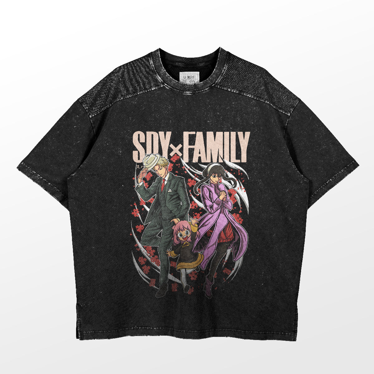 This black t-shirt, from Spy × Family, features Anya, Loid, and Yor Forger in a stylish floral design with red accents and "Spy x Family" text. A must-have for any Spy Family T-Shirts fan.