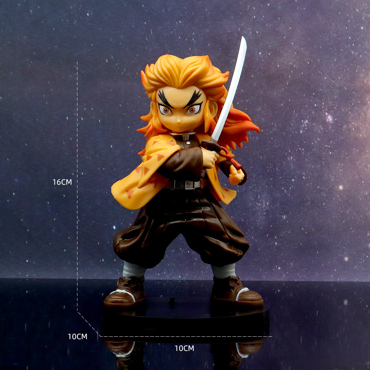 This high-quality PVC figure from the Demon Slayer set features Rengoku with orange hair and a sword. Dressed in a dark outfit with yellow accents, the 17cm tall figure strikes an action pose—a perfect gift for Demon Slayer collectors.