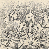 The Naruto Pain and Six Paths Washed Vintage T-Shirt comes in high-quality 260 GSM cotton, featuring an anime character with long hair and intense expression, multiple rods from their back, surrounded by others, set against a textured backdrop for a unique streetwear vibe.