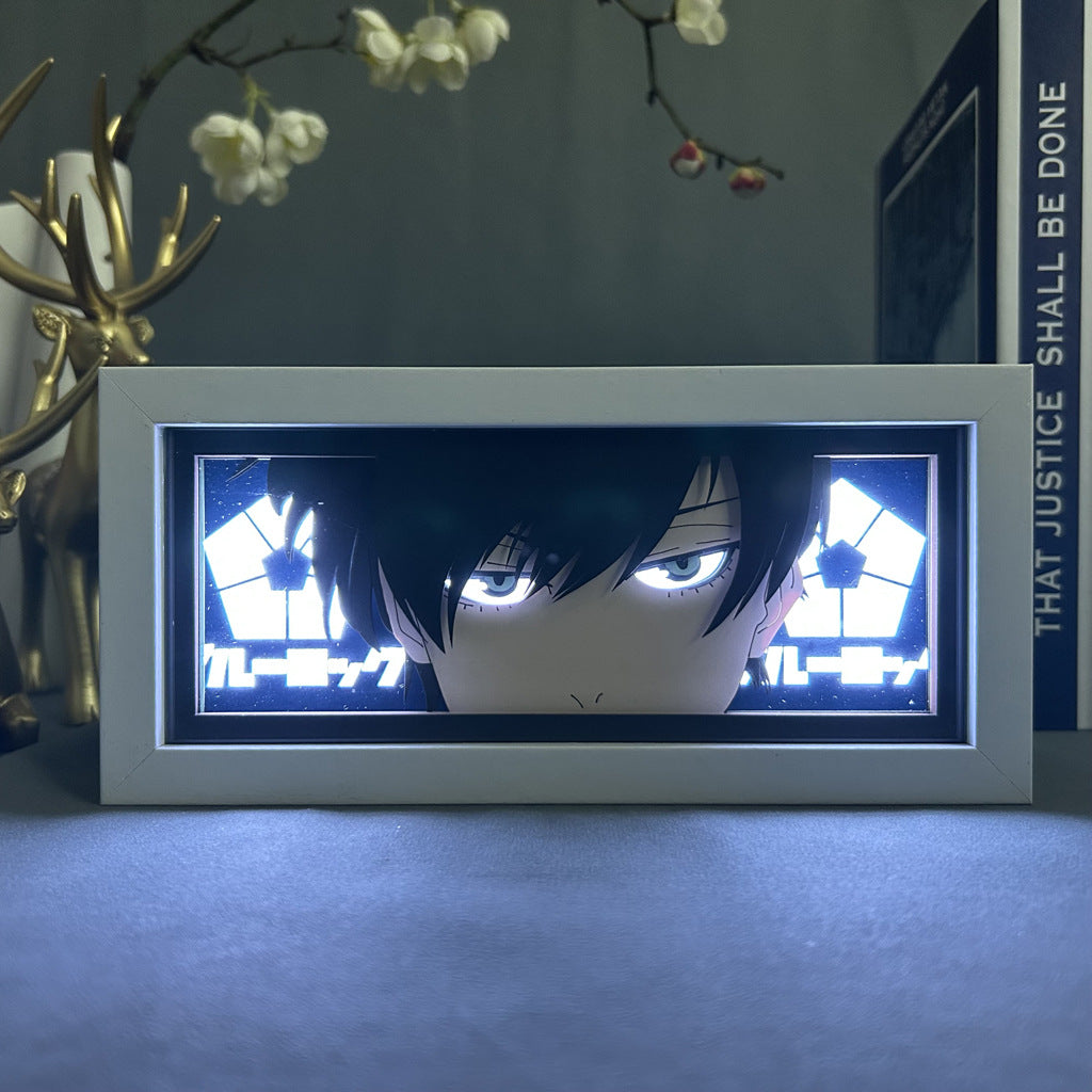 The Rin Itoshi Anime Light Box from Blue Lock features a close-up of the dark-haired character&