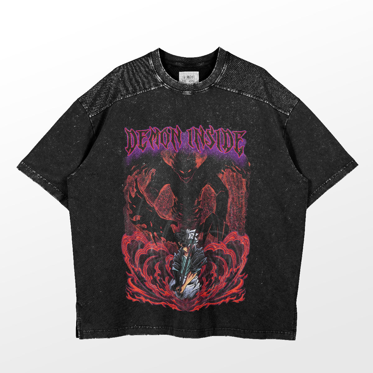 This Black Clover Shirt from Black Clover is a casual black t-shirt with a red and purple graphic featuring "DEMON INSIDE" in bold purple letters. Made from high-quality cotton, it displays a menacing figure with fiery elements, all in a distressed look reminiscent of Black Clover designs.