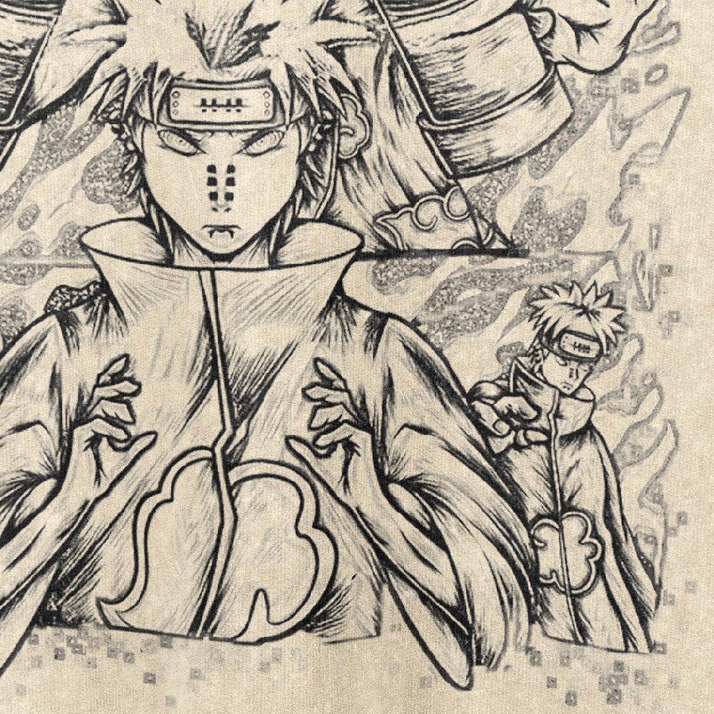 This Naruto Pain and Six Paths Washed Vintage T-Shirt features a vintage streetwear design with a cloaked character adorned in cloud patterns, showcasing facial markings, multiple hands gesturing, and a subtle background figure. Made from 260 GSM high-quality cotton anime streetwear.