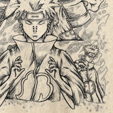 This Naruto Pain and Six Paths Washed Vintage T-Shirt features a vintage streetwear design with a cloaked character adorned in cloud patterns, showcasing facial markings, multiple hands gesturing, and a subtle background figure. Made from 260 GSM high-quality cotton anime streetwear.