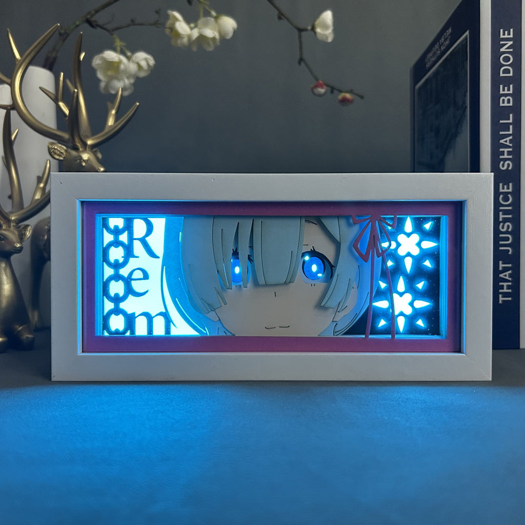 The Rem Anime Light Box – Re:Zero LED Decorative Night Lamp from Re:Zero showcases a glowing Rem face in blue light with "Freedom," star motifs, decorative deer antlers, and books.