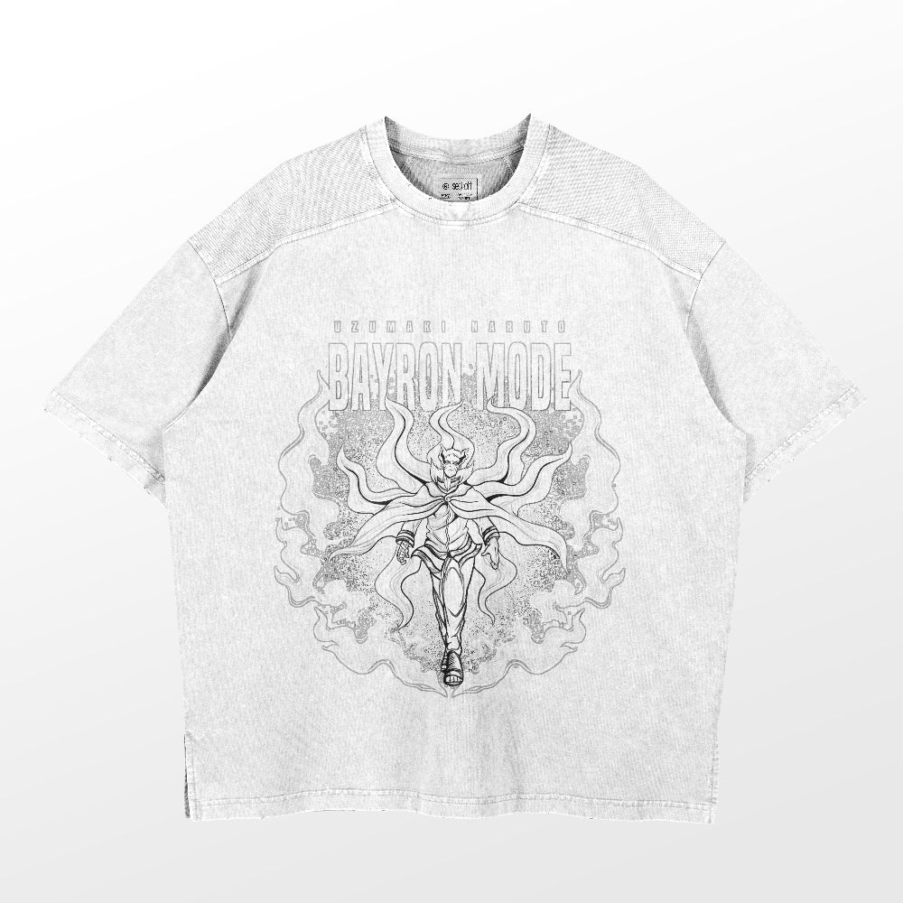 Introducing the Naruto Uzumaki Baryon Mode Washed Vintage T-Shirt, featuring a light gray design with an anime character in dynamic pose. Bold "Bayron Mode" text highlights its essence, blending high-quality 260 GSM cotton with anime streetwear flair.