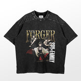 The "Spy Family Yor Forger T-Shirt" by Spy × Family is a stylish black tee featuring the "Spy x Family" logo and characters, including Yor Forger. With dynamic poses and "FORGER" in gold, the speckled fabric detail enhances its appeal for Spy Family Merchandise enthusiasts.