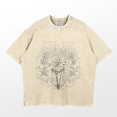 This beige Naruto Uzumaki Baryon Mode Washed Vintage T-Shirt, made from 260 GSM high-quality cotton, features an anime-style character with flowing tail-like elements. It offers an oversized fit and embodies the essence of anime streetwear.