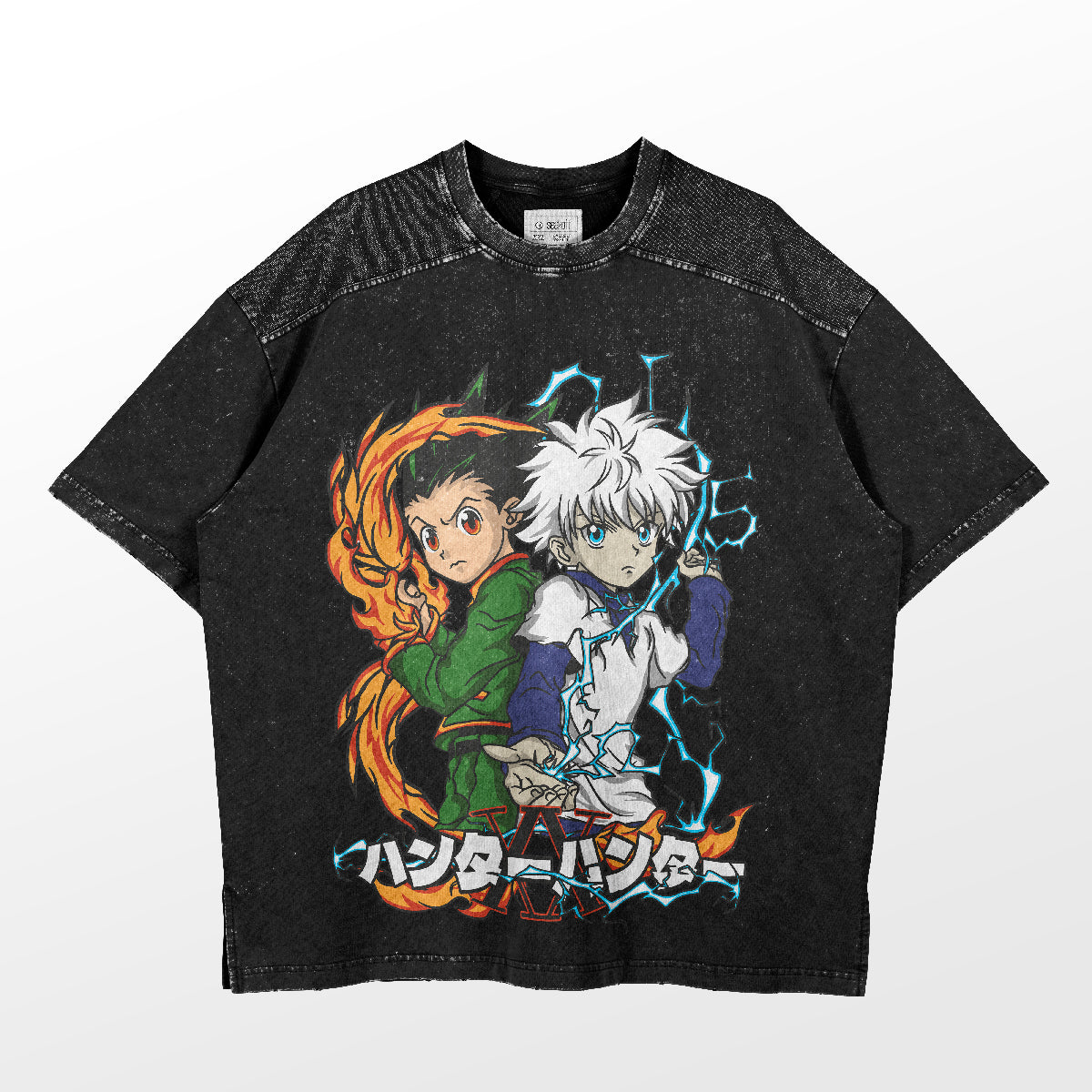 The Hunter x Hunter Gon and Killua Elemental Powers Graphic T-Shirt by Hunter × Hunter features two animated characters, colorful effects of green flames and blue lightning, and Japanese text for an authentic anime touch.