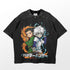 The Hunter x Hunter Gon and Killua Elemental Powers Graphic T-Shirt by Hunter × Hunter features two animated characters, colorful effects of green flames and blue lightning, and Japanese text for an authentic anime touch.