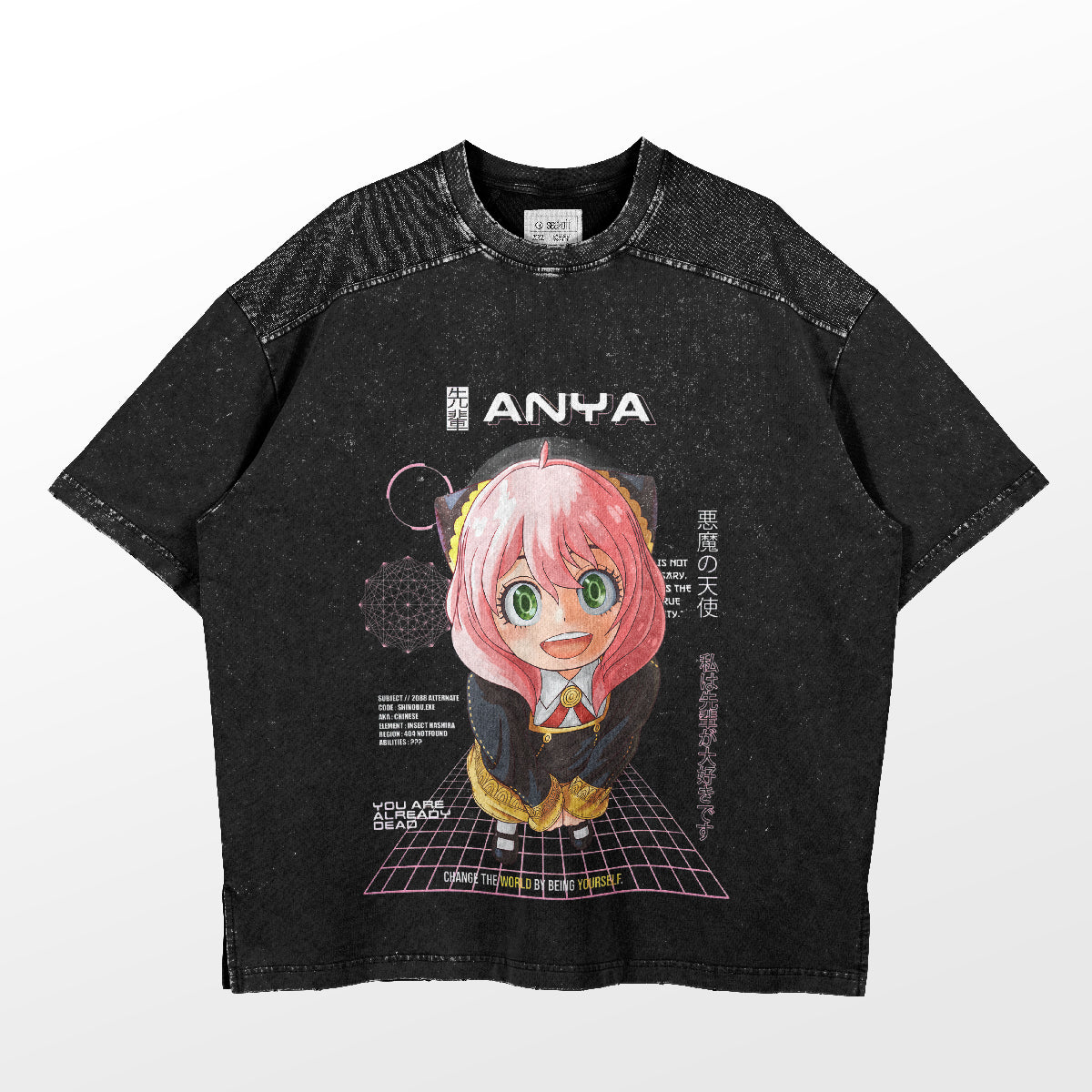 A black Spy × Family t-shirt with a colorful illustration of Anya Forger, featuring pink hair and large green eyes, the word "Anya," Japanese text, and retro grid designs from the high-quality Spy Family Anya Forger T-Shirt - Retro Grid Design collection.