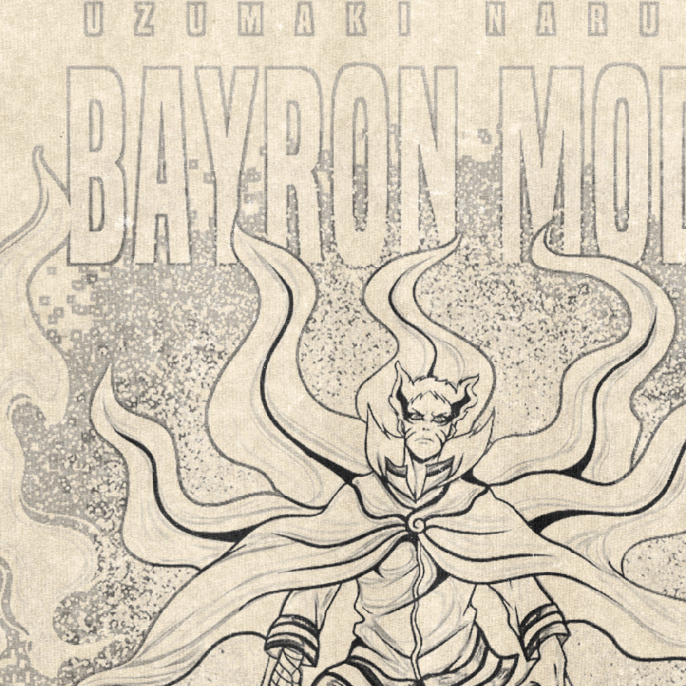 Illustration of a character in dynamic pose with swirling energy and cape, channeling Naruto Baryon Mode. The text "Bayron Mode" is prominent above, highlighting transformation features ideal for anime streetwear fans. Naruto Uzumaki Baryon Mode Washed Vintage T-Shirt – 260 GSM High-Quality Cotton by Naruto.