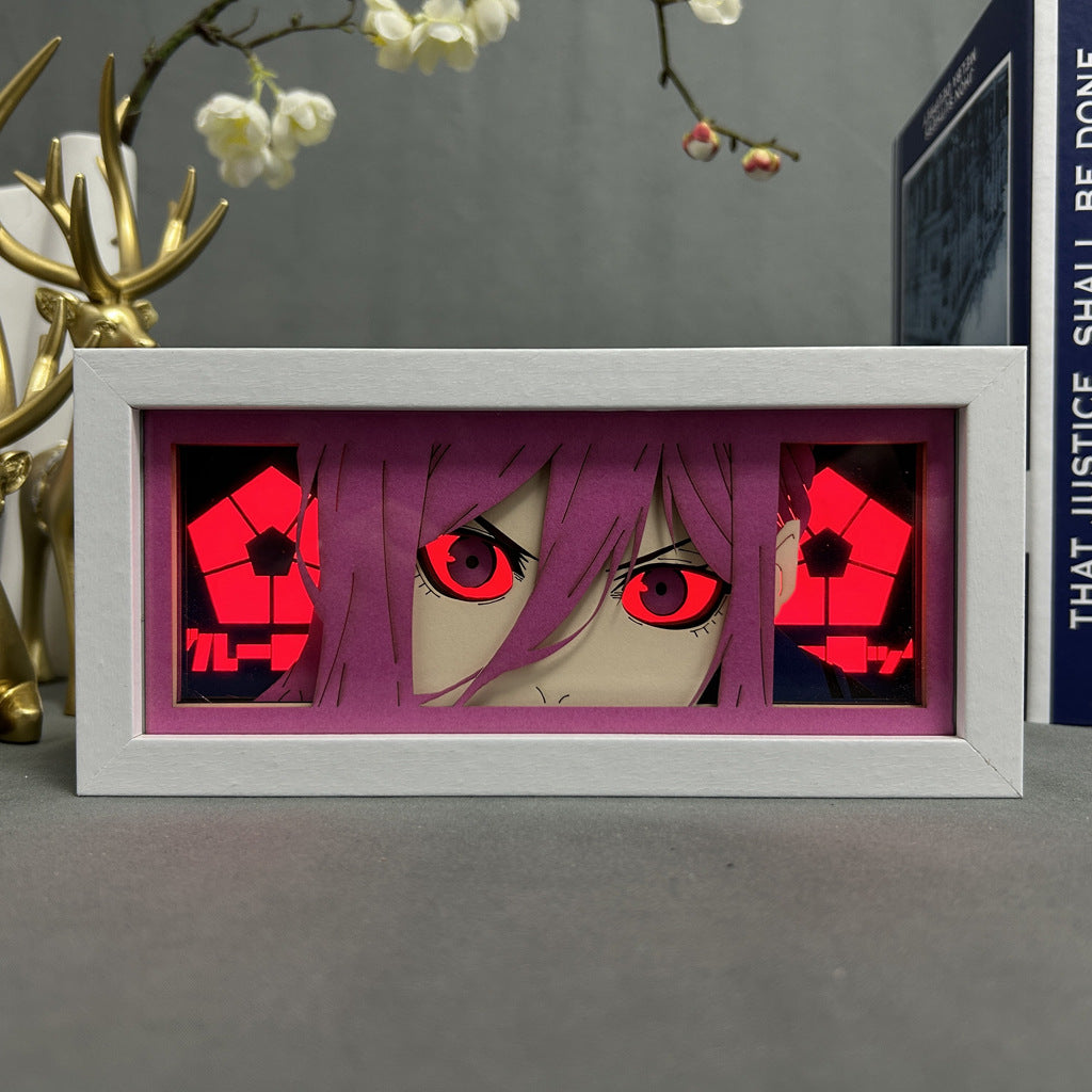 An LED light box named "Chigiri Hyoma LED Light Box – Intense Red Glow 3D Blue Lock Anime Lamp" by Blue Lock features an anime-style illustration of Chigiri Hyoma with pink hair and red eyes. It sits alongside a white frame, surrounded by books and a floral decoration.