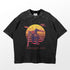 The Chainsaw Man Sunset T-Shirt by Chainsaw Man features a bold chainsaw head design set against a vivid red and yellow retro sunset. "Chainsaw Man" is printed in striking red text, with stylish textured shoulder patterns. Crafted from 100% cotton, this black anime shirt combines comfort and flair.