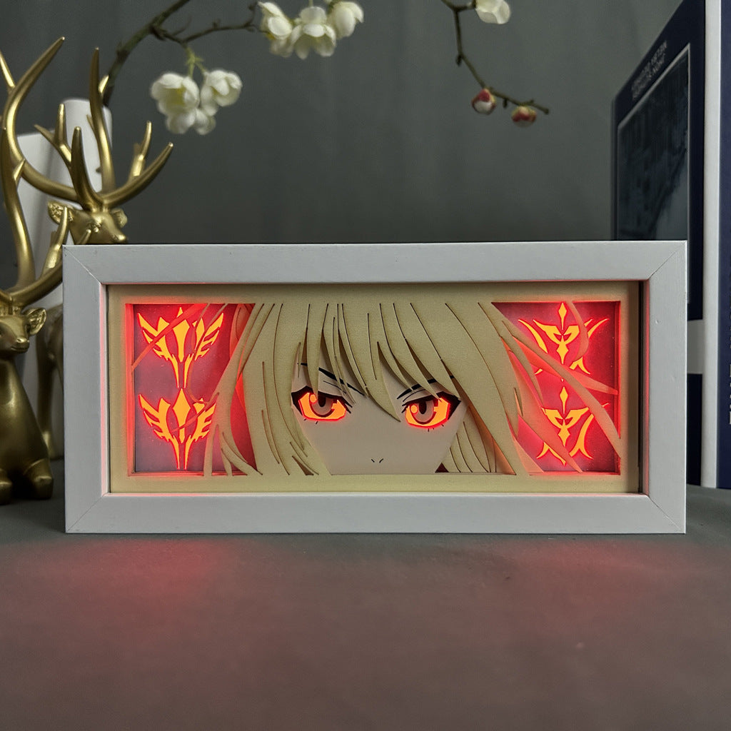 The Seakoff "Powerful Anime LED Light Box – Fiery Blonde Warrior 3D Lamp" features a striking blonde warrior with vivid orange eyes and flowing hair. A radiant red background and floral patterns surround the character&