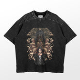 The Epic Eren Yeager and Founding Titan Attack on Titan T-shirt by Attack on Titan features a striking graphic of an anime character with long dark hair and red eyes, Eren in a suit, and a vibrant background of patterns and geometric shapes echoing the Founding Titan&