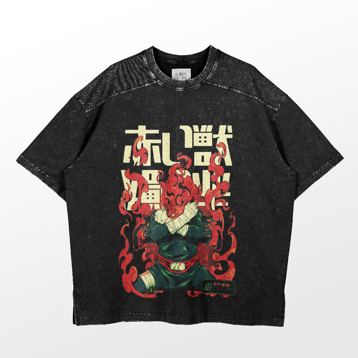 The Endeavor T-Shirt by Naruto, from our premium My Hero Academia apparel collection, features a character in a green outfit with red flames. Stylized symbols float above against a plain white background, giving it an iconic vintage feel.
