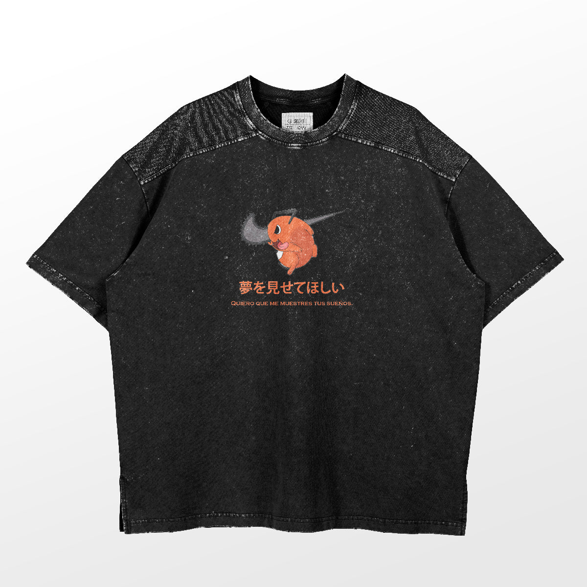 The Chainsaw Man Pochita "Show Me Your Dreams" T-Shirt by Chainsaw Man is a black tee with a faded look, featuring a cute Pochita design and text in Japanese and English. Perfect for anime fans, especially those who love Chainsaw Man. Ideal as an addition to your Pochita collection.