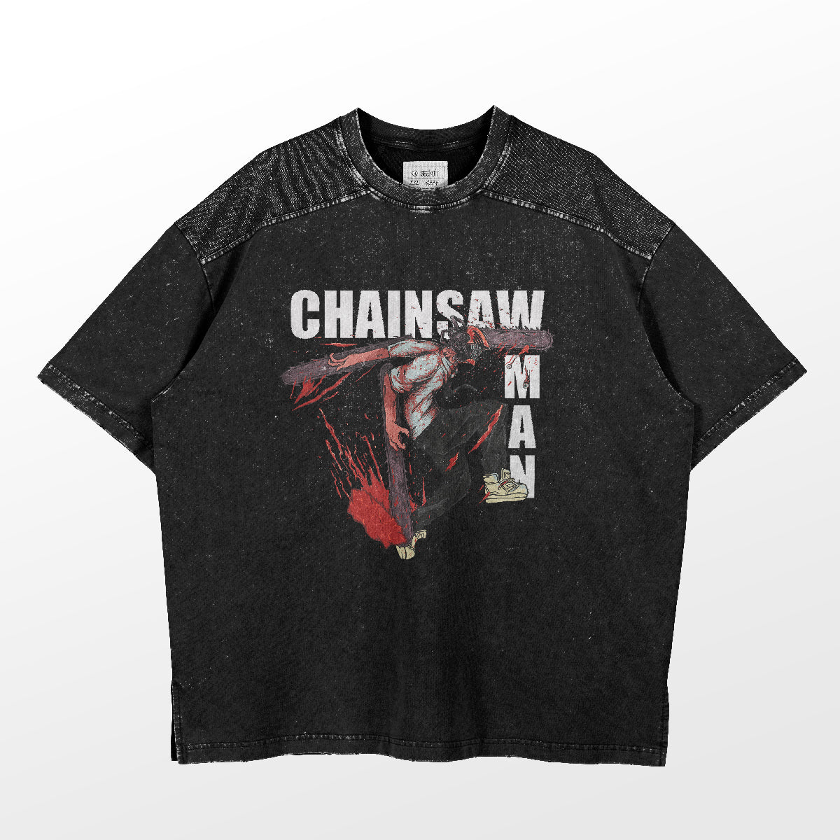 The Chainsaw Man Dynamic Action T-Shirt, from the Chainsaw Man Shirt Collection, features a bold graphic of a chainsaw-headed character and the text "Chainsaw Man." Its textured sleeves and shoulders offer unique flair. Made from 100% cotton anime apparel.