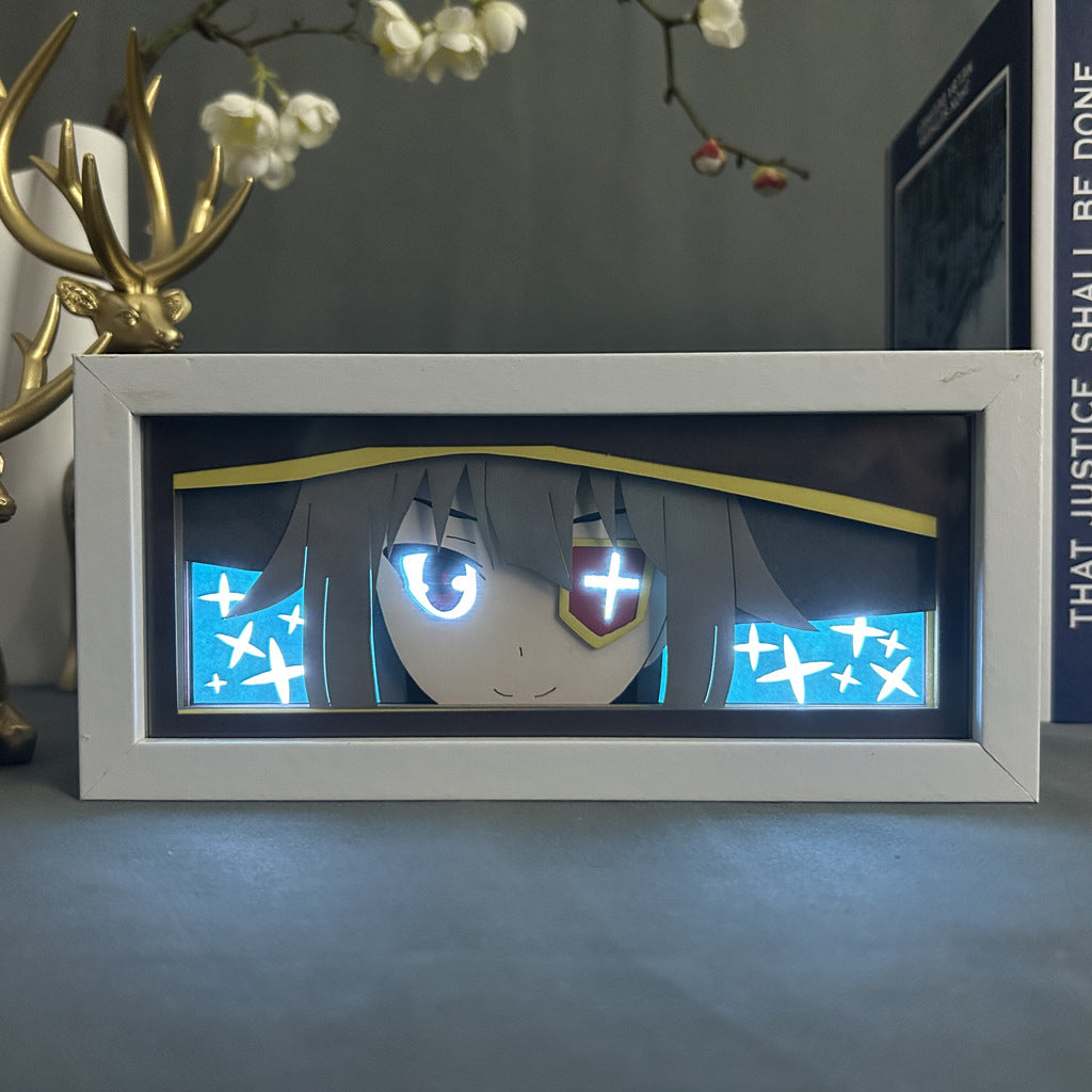 The Seakoff Explosion Mage LED Light Box – 3D Anime Lamp displays a serious anime character with a hat featuring a yellow band and glowing cross-shaped eyepatch, surrounded by floating white symbols and white-flowered branches, creating an essence of magic.