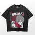 A black T-shirt with a design inspired by Attack on Titan, featuring Annie Leonhart in her Female Titan form. Japanese text and red and white patterns adorn the background, with "Mikasa" elegantly displayed on the side. Brand: Attack on Titan.