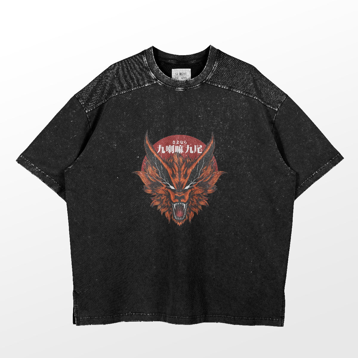The Goodbye Nine-Tails T-Shirt by Naruto is a black tee with a stylized wolf head graphic and "2020" in characters above it. Featuring a worn texture and round neckline, this premium anime apparel is perfect for enthusiasts.
