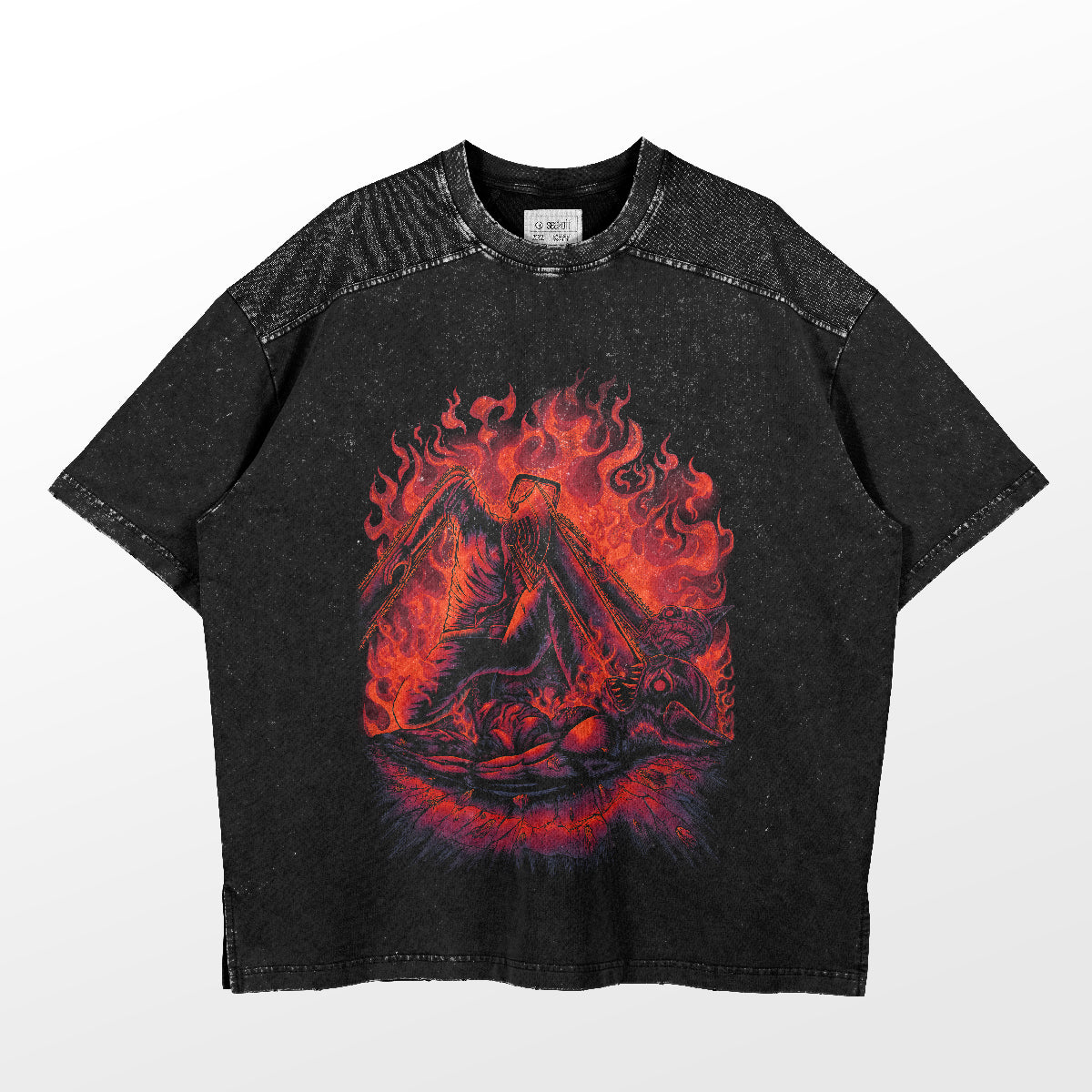 The Chainsaw Man Denji vs. Demon Neon Flames T-Shirt by Chainsaw Man is a black, short-sleeve shirt showcasing a distressed graphic with a fiery red and orange angelic figure over a fallen creature, perfectly capturing the intensity of Denji&