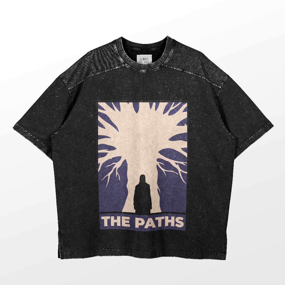 The Paths Attack on Titan T-Shirt by Attack on Titan features a mystical anime graphic of a sprawling tree with branches and a bold silhouette representing "The Paths," reminiscent of an iconic scene from anime conventions.