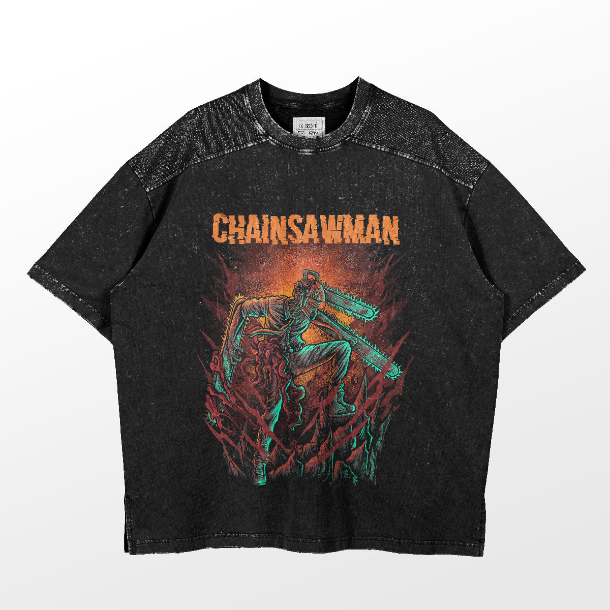 The Fiery Action Chainsaw Man T-Shirt by Chainsaw Man features Denji in a battle stance with chainsaws, topped with "CHAINSAWMAN." It showcases vibrant orange and green hues, embodying a dynamic style perfect for any Chainsaw Man fan.