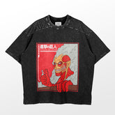 The "Colossal Titan Peeking Attack on Titan T-Shirt" by Attack on Titan features a skeletal figure with exposed muscles like the Colossal Titan, framed in red. It has Japanese characters and "Attack on Titan" above, perfect for anime conventions. Speckled texture and dark gray sleeves add flair.