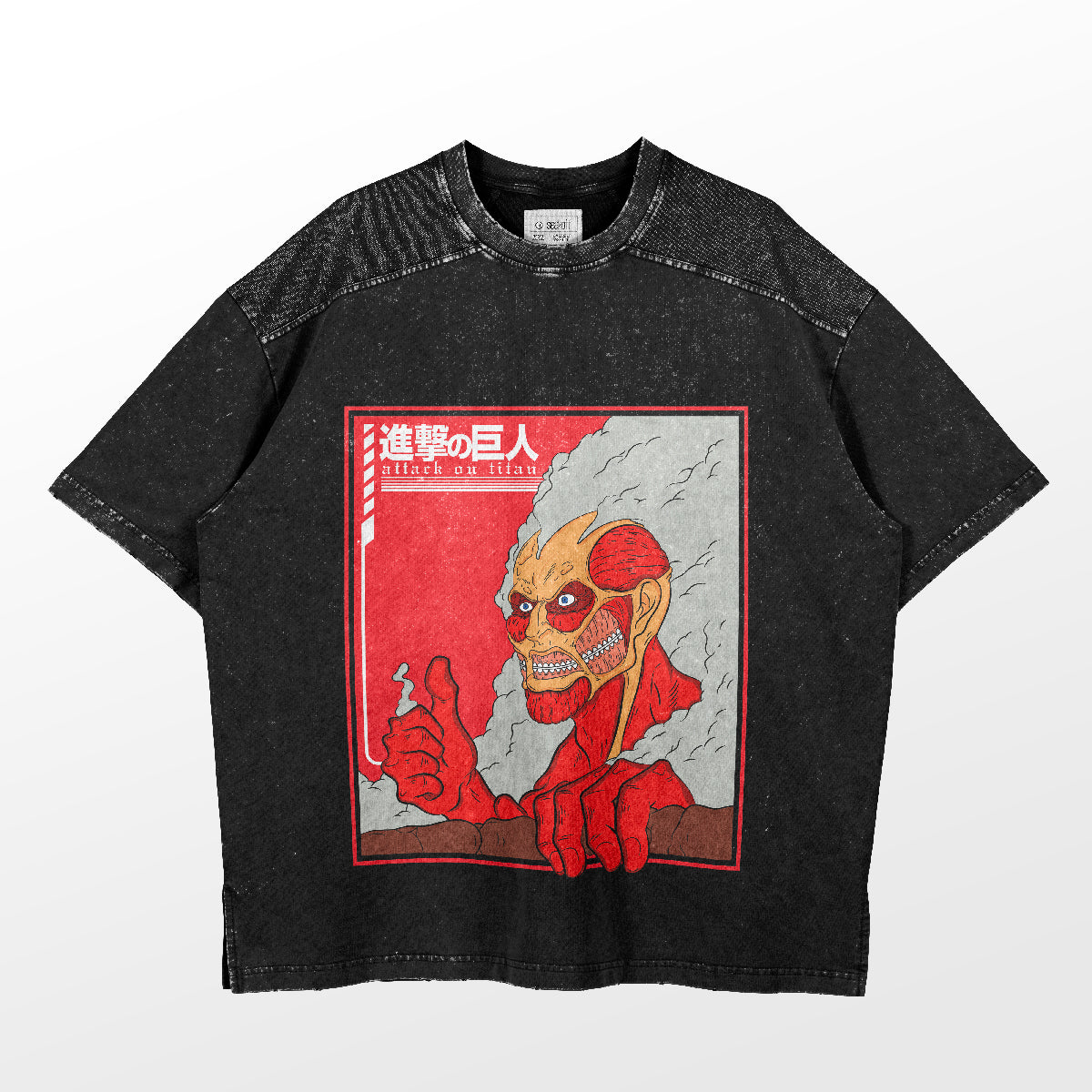 The "Colossal Titan Peeking Attack on Titan T-Shirt" by Attack on Titan features a skeletal figure with exposed muscles like the Colossal Titan, framed in red. It has Japanese characters and "Attack on Titan" above, perfect for anime conventions. Speckled texture and dark gray sleeves add flair.