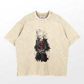 The Bleach Ichigo Kurosaki Soul Reaper Washed Vintage T-Shirt by Bleach features an anime-style character with white hair and a sword, similar to Ichigo, with red Asian characters in the center. Made from 260 GSM high-quality cotton, this beige streetwear piece boasts a unique washed-out look.