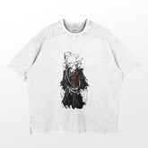 The Bleach Ichigo Kurosaki Soul Reaper Washed Vintage T-Shirt features a light gray design with a black and white illustration of Ichigo, sword on his back, enhanced by red Japanese text. This 260 GSM high-quality cotton tee offers a simple crew neck and short sleeves, perfect for anime streetwear enthusiasts.