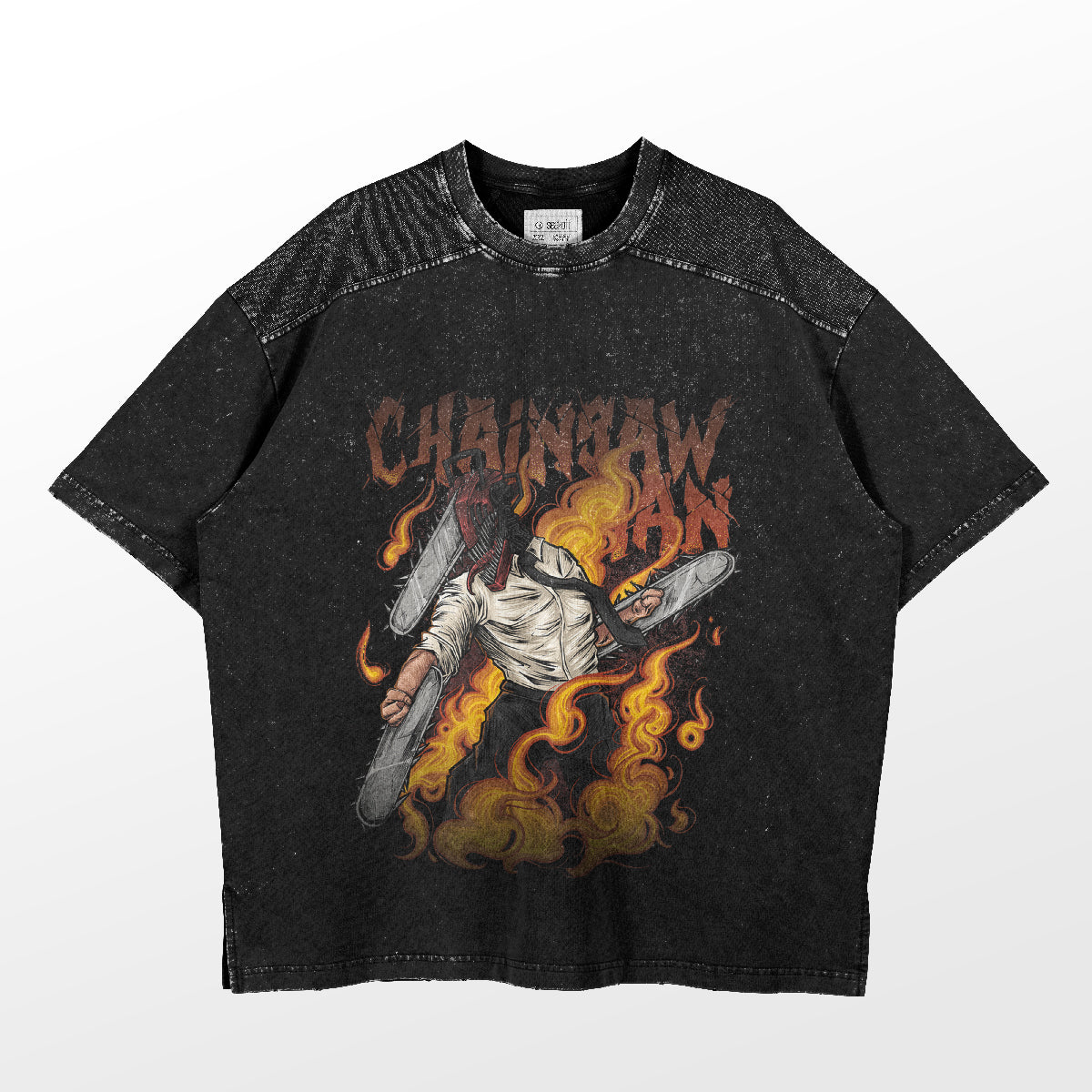 The Fiery Chainsaw Man T-Shirt by Chainsaw Man features Denji encircled by flames, wielding chainsaws, and displaying "Chainsaw Man" in bold. It boasts a mottled, washed texture for a dynamic look.