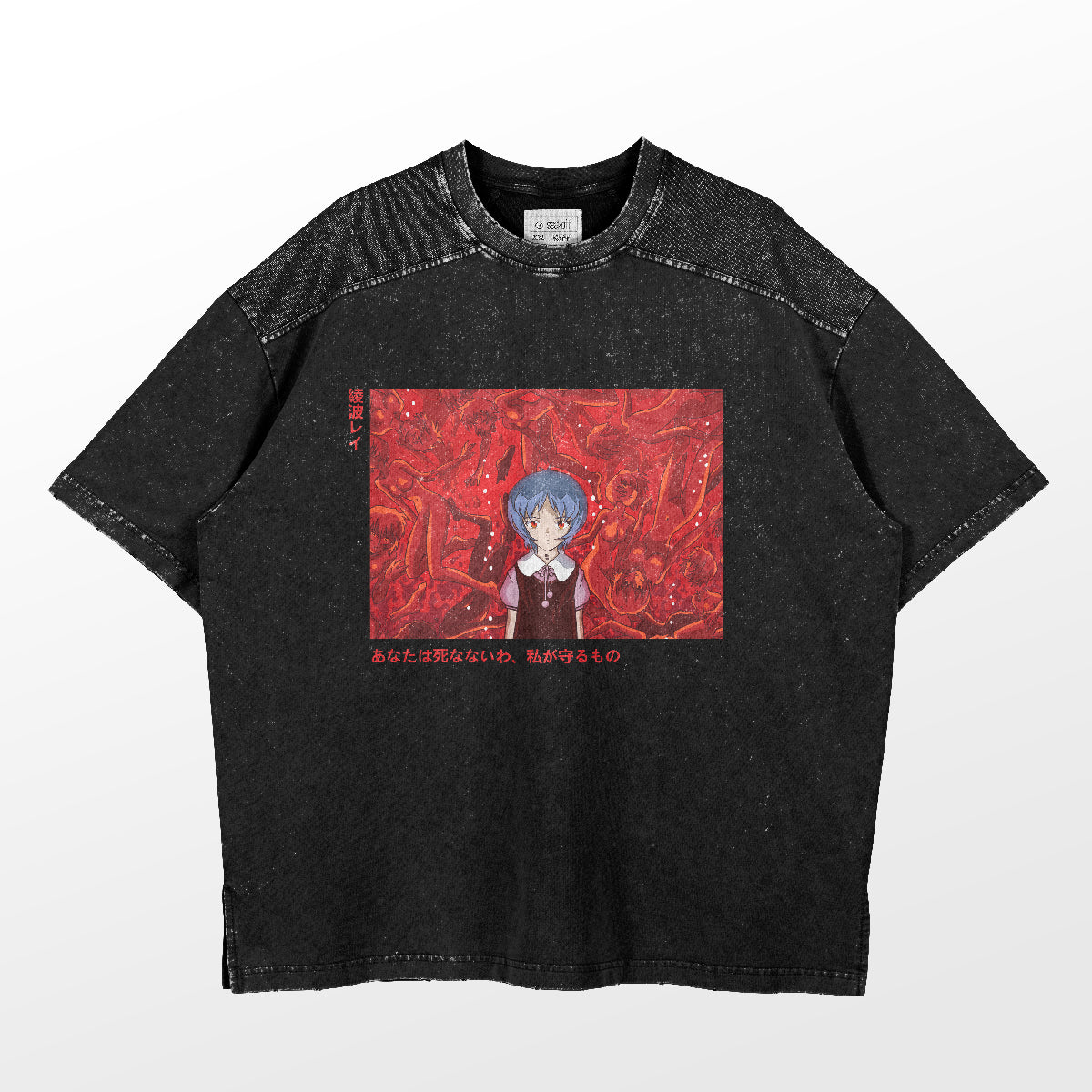 The SEAKOFF Rei Ayanami Shirt is a high-quality black cotton tee featuring an anime character with blue hair against a red backdrop, adorned with Japanese text and a speckled pattern—ideal summer wear for fans.