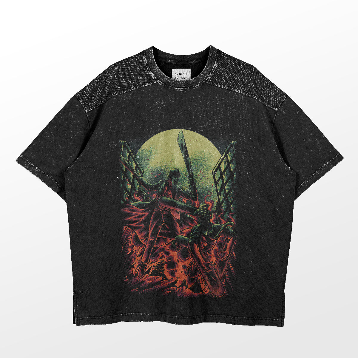 The Epic Battle Chainsaw Man T-Shirt by Chainsaw Man features Denji vs. Katana Man under a full moon graphic with fiery details, a distressed look, and shoulder stitching.
