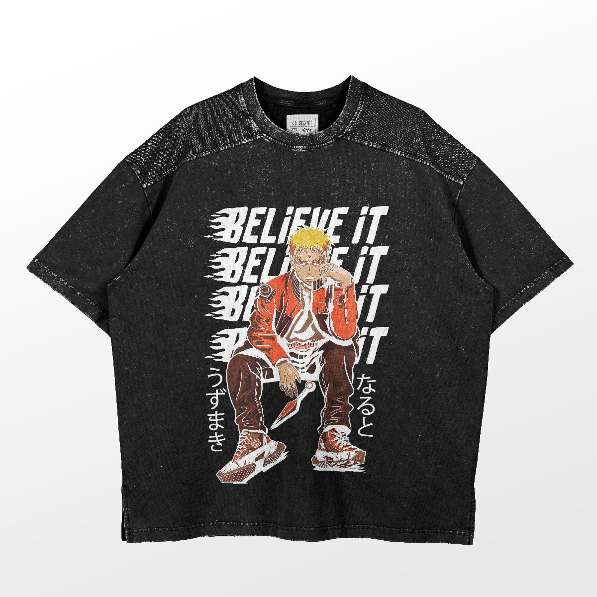The Believe It Naruto T-Shirt by Naruto is perfect for anime fans. It features a character in an orange outfit and sneakers, sitting thoughtfully, with "BELIEVE IT" in bold white letters behind him and Japanese characters on the side. This exclusive design represents premium anime apparel.
