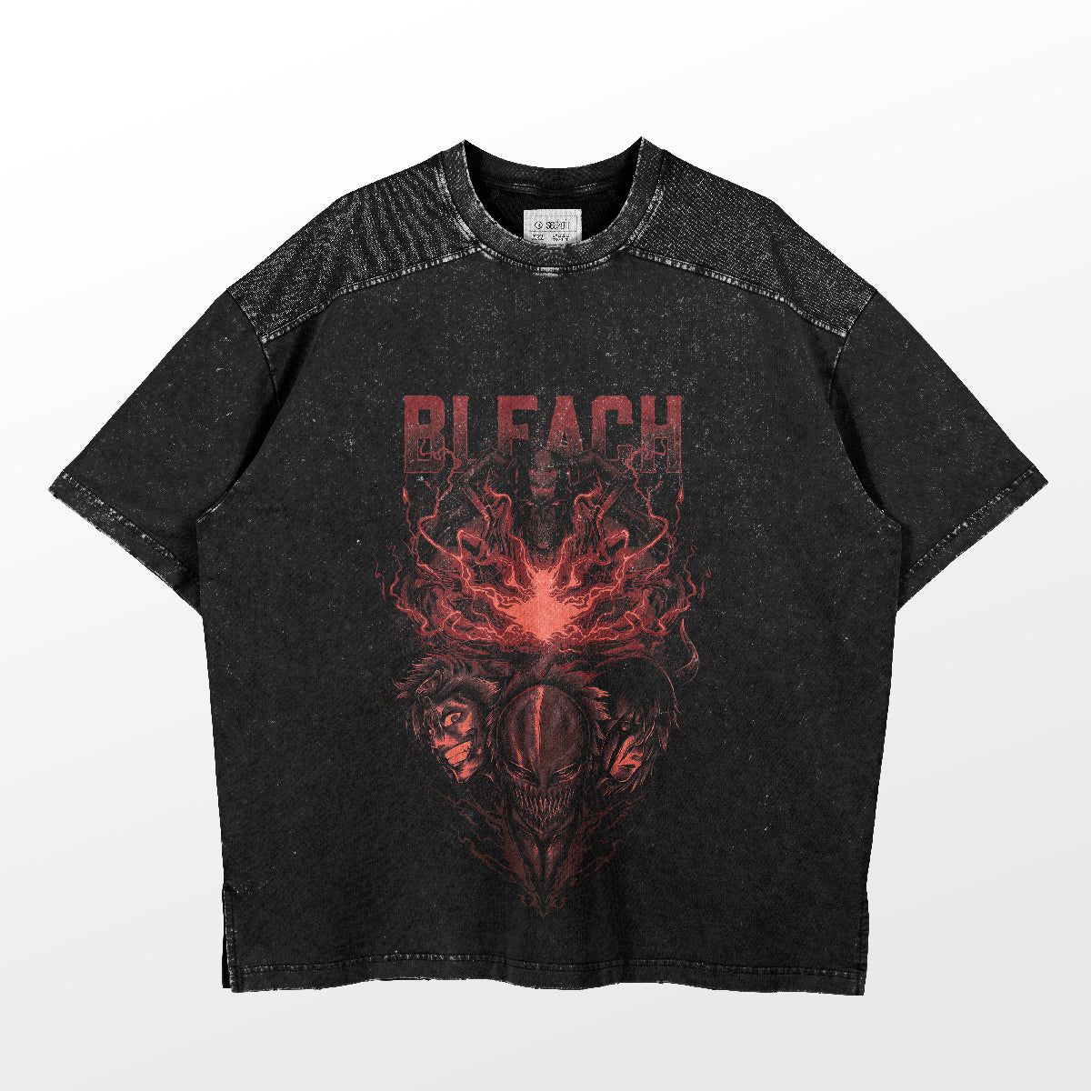 The Bleach Shirt by Bleach is a black, distressed cotton t-shirt featuring "Bleach" in red at the top, stylized graphics of three faces with a central flaming emblem below, and edgy dark mesh-like detailing on the shoulders—ideal for casual daily wear.