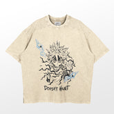 The Hunter × Hunter beige anime T-shirt features a spiky-haired character with electric effects in black and blue, complemented by "Doesn&