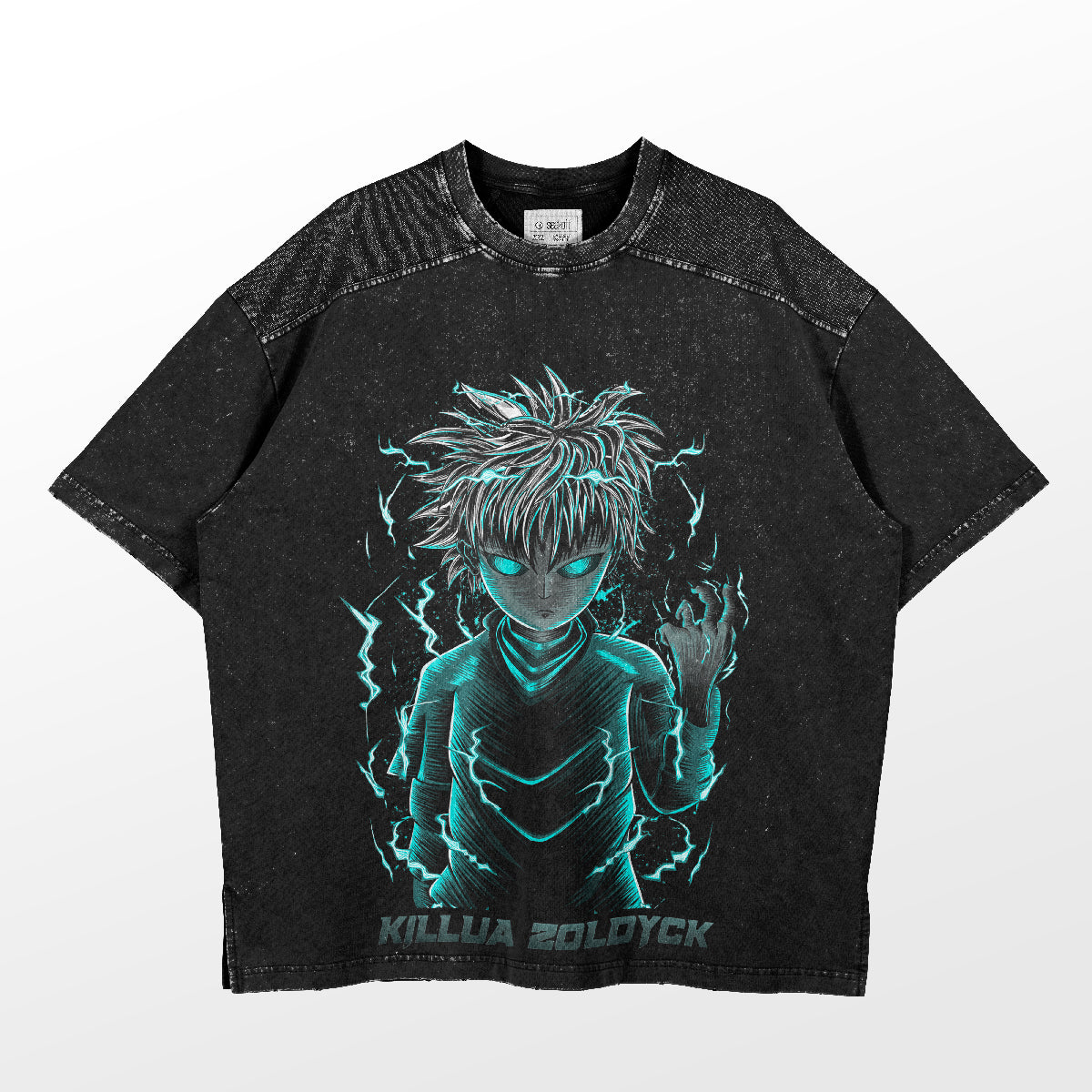 The Hunter × Hunter Killua Zoldyck Neon Glow Graphic T-Shirt features a stylized image of Killua with spiky hair and electric aura. The name "Killua Zoldyck" appears below, set against a faded texture for authentic anime action apparel vibes.