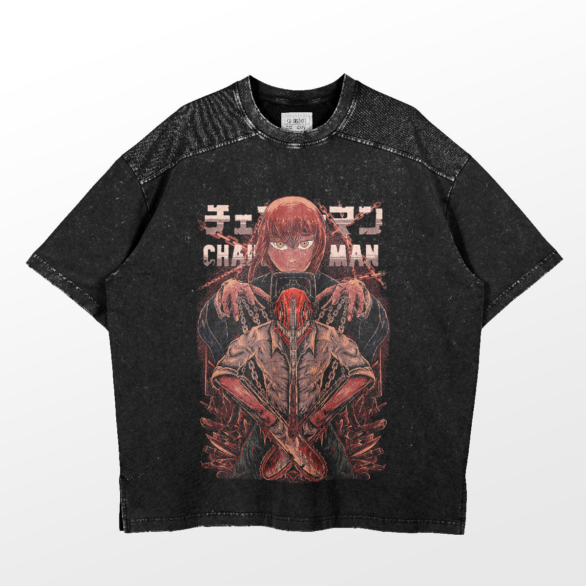 Explore our Chainsaw Man Control Devil T-Shirt, crafted from 100% cotton. This black tee features Denji with chainsaws on a textured backdrop and Japanese text highlighting the iconic "Chainsaw Man" title, capturing a key moment with Makima. Part of the Chainsaw Man Shirt Collection.