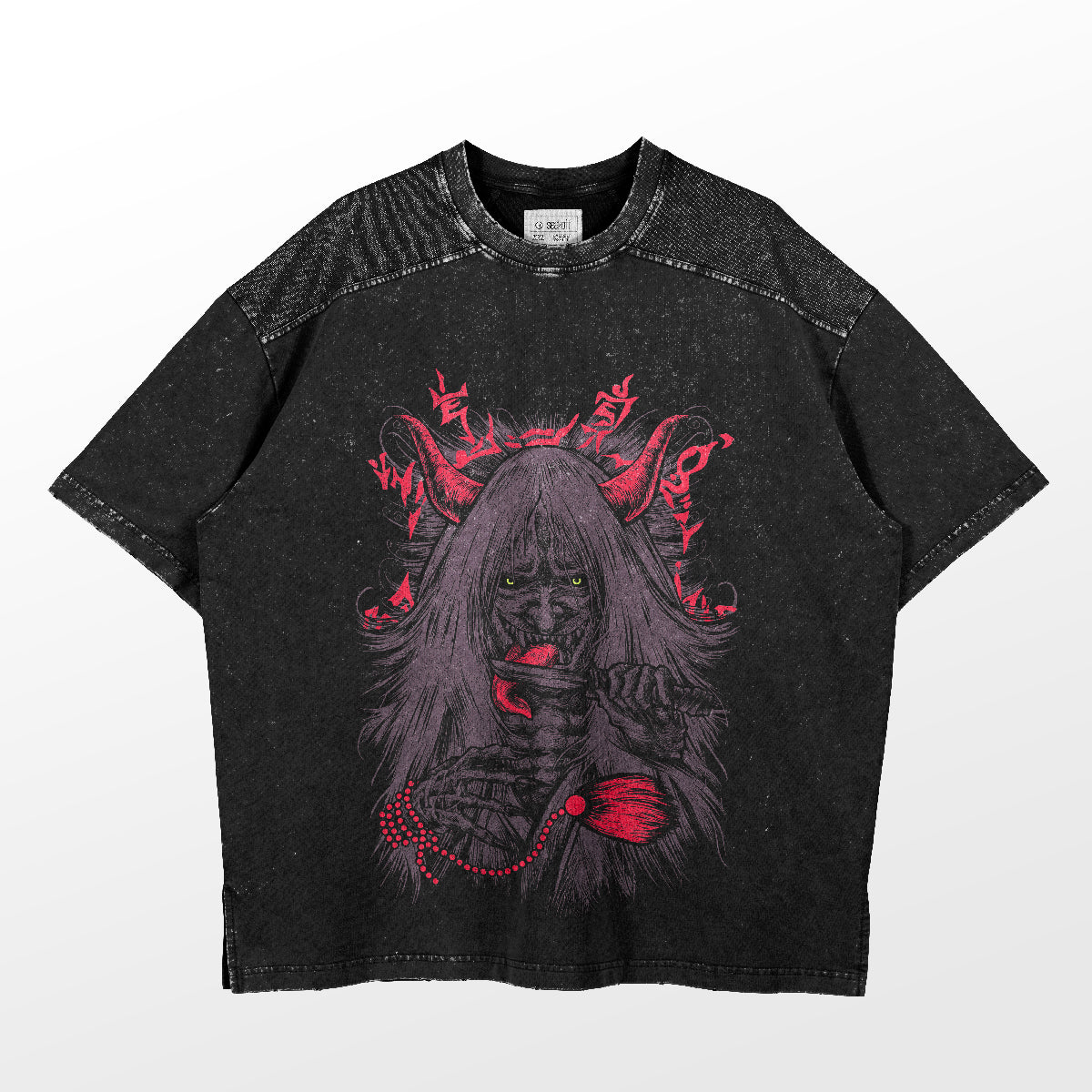 The "Shiki Fujin Red Monochrome T-Shirt" by Naruto features a black base with a red graphic of a demon-like figure inspired by Shiki Fujin, displaying long hair and horns. The design includes stylized text with the figure holding an object on a light gray background.