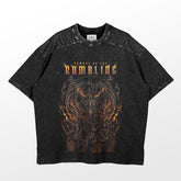 The "Beware of the Rumbling" Attack on Titan T-shirt by Attack on Titan boasts a fiery graphic design inspired by Eren Yeager, with edgy speckled shoulders.