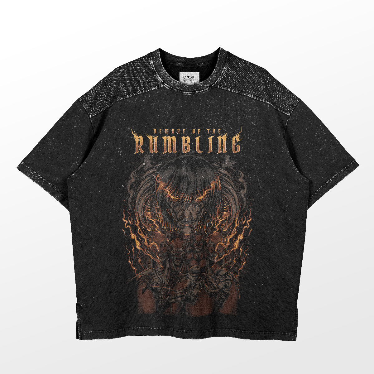 The "Beware of the Rumbling" Attack on Titan T-shirt by Attack on Titan boasts a fiery graphic design inspired by Eren Yeager, with edgy speckled shoulders.