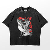 The Chainsaw Man Shark Ride T-Shirt features a 100% cotton black tee with a bold design of a character holding a chainsaw on a large fish, accented by red Japanese text. Perfect for any fan, it has textured fabric on shoulders and sleeves for extra style.