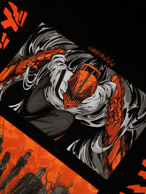 This high-quality Chainsaw Man hoodie, made of 360 GSM cotton, showcases a character with a red chainsaw head and arms amidst dynamic black and white lines, with bold orange elements and "Chainsaw Man" text—ideal for anime fashion enthusiasts or streetwear collections.