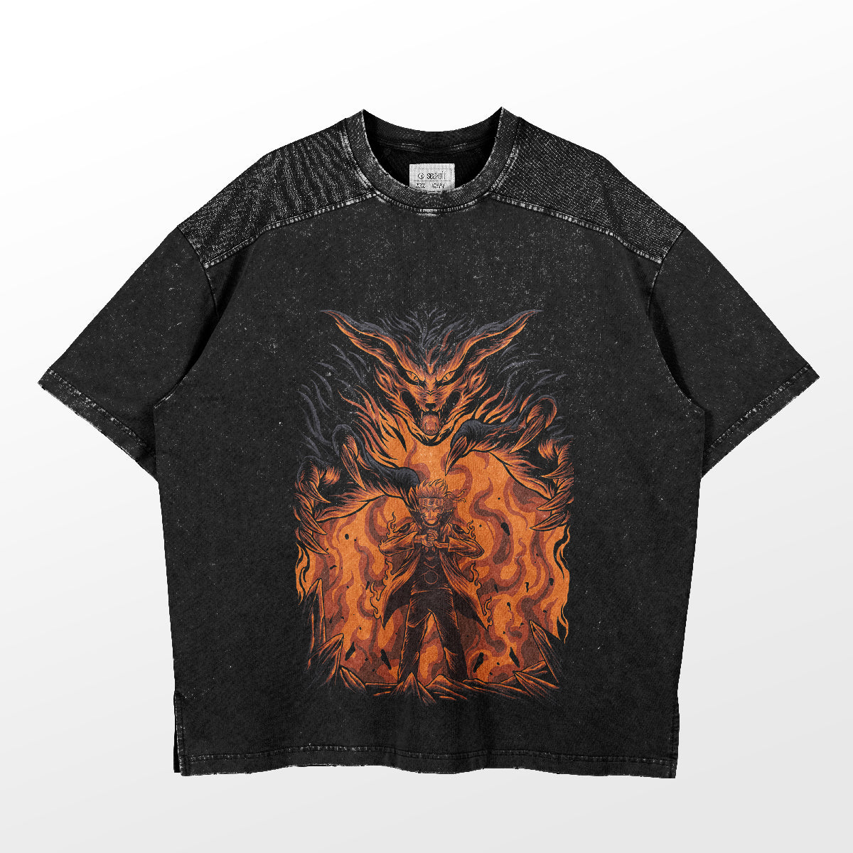 A Naruto Kurama Transformation T-Shirt features a bold graphic of a fiery, mystical creature with multiple tails around a smaller figure in a dynamic pose, all on black fabric with a speckled, slightly faded texture. Perfect for anime enthusiasts! Brand: Naruto.