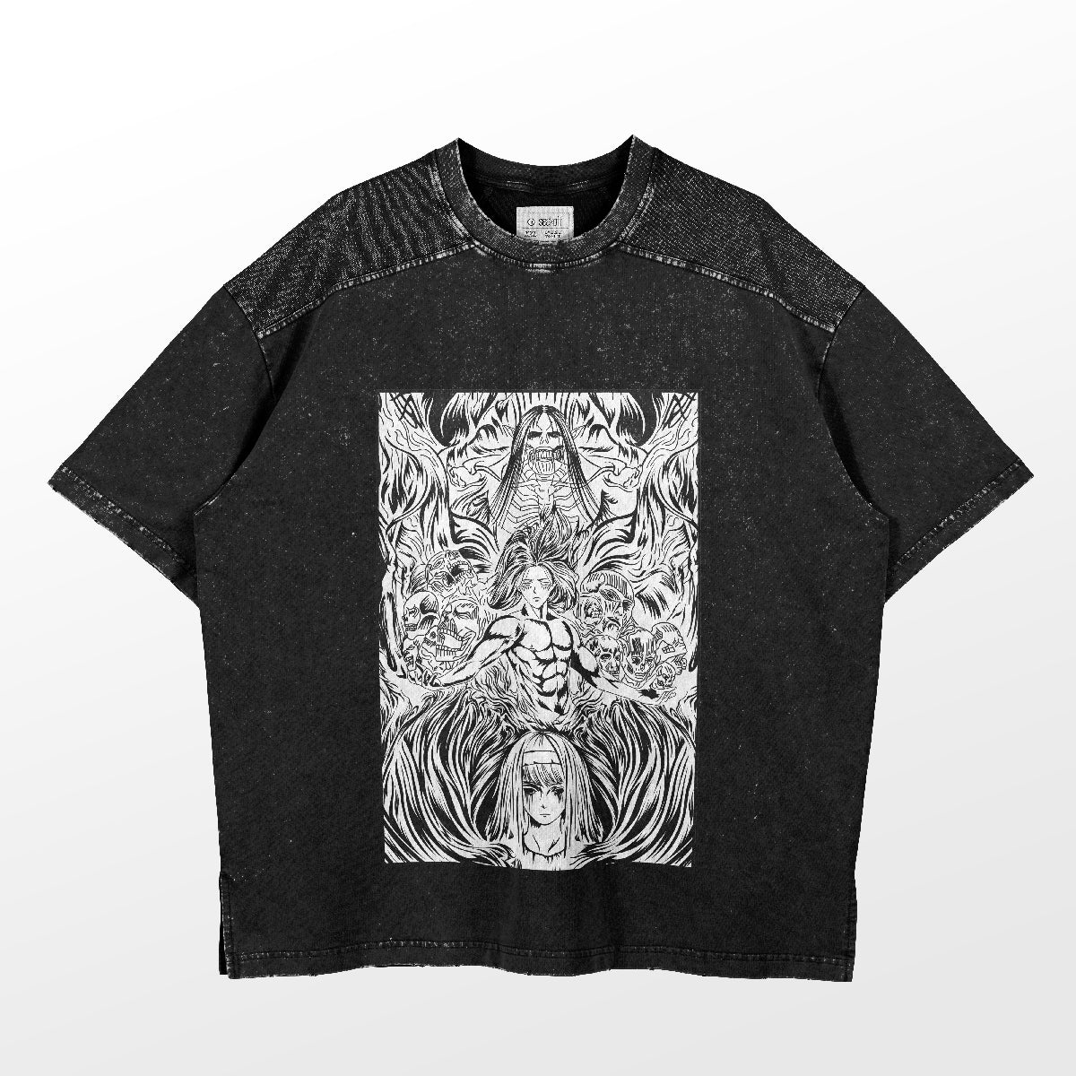 The Attack on Titan "Eren Yeager and Titans" T-shirt is perfect for anime conventions, featuring a detailed black-and-white graphic of muscular figures and stylized faces with intricate patterns. It boasts a unique speckled texture, capturing the essence of the series&