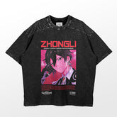 The Genshin Impact Shirt by Genshin features a high-quality black cotton design with an anime-style character with black hair on a striking red and white background. "ZHONGLI" is prominently displayed in bold red letters, making it ideal for casual daily wear, enhanced by additional text and logos below.